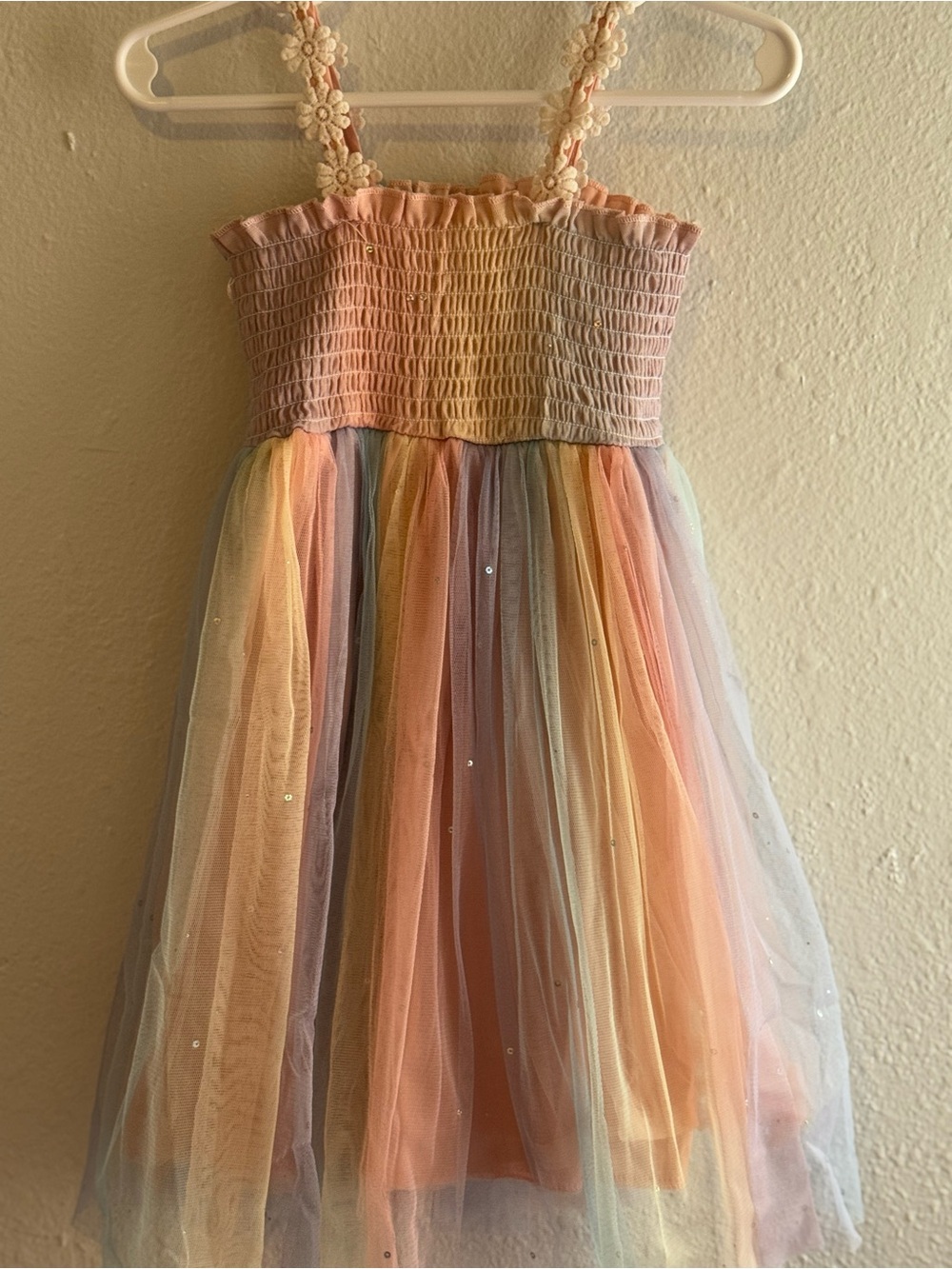 Girls' Pastel Rainbow Tulle Dress with Floral Straps